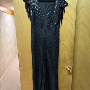 Black Beaded Maxi Evening Dress with Fringe Sleeves